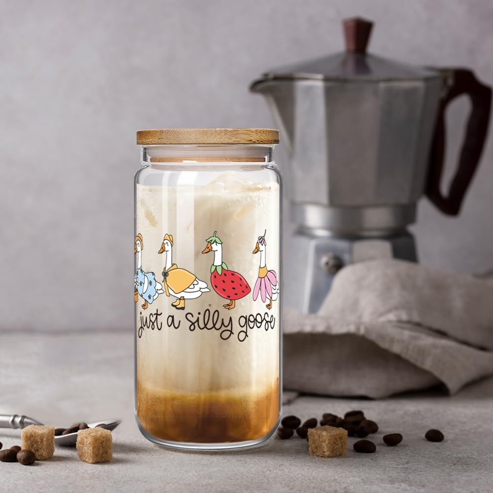 Cute Silly White Goose Glass Cup Christmas Gift for Women Friend Goose Lover, Animal Ice Coffee Glass Cup Soda Boba Cocktail Birthday Gifts for Boyfriend Girlfriend Husband Wife with Lid Straw 16oz