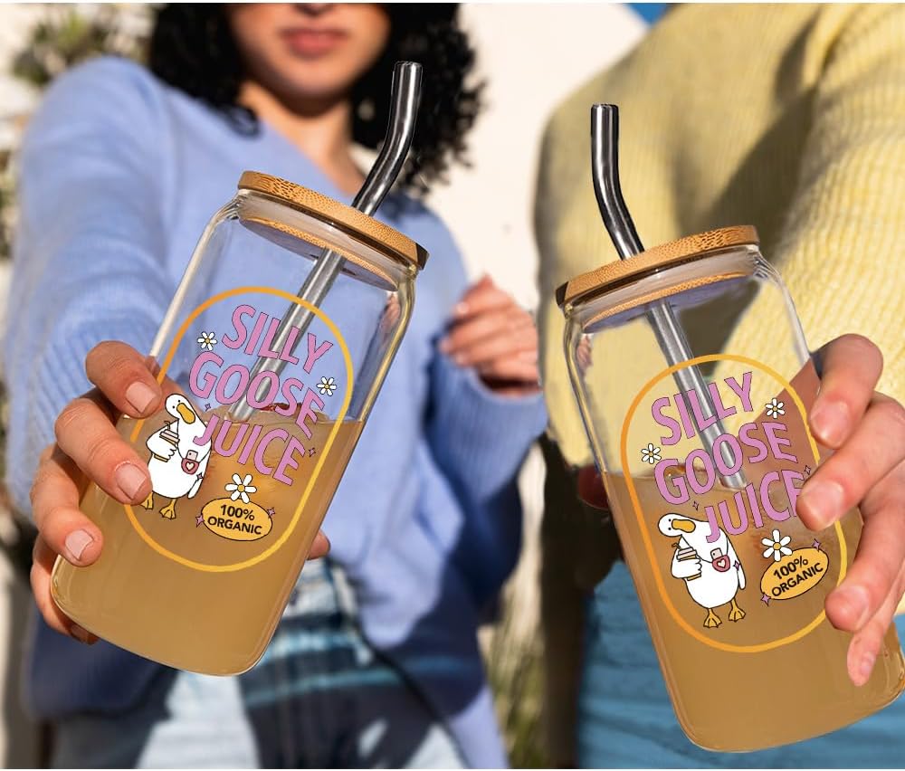 Silly Goose Juice 16oz Glass Cup with Lid and Straw, Funny Silly Goose Gift for Women, Iced Coffee Glass Tumbler for Coffee Lovers, Birthday Gift for Friends, Mom, Sister, Coworker