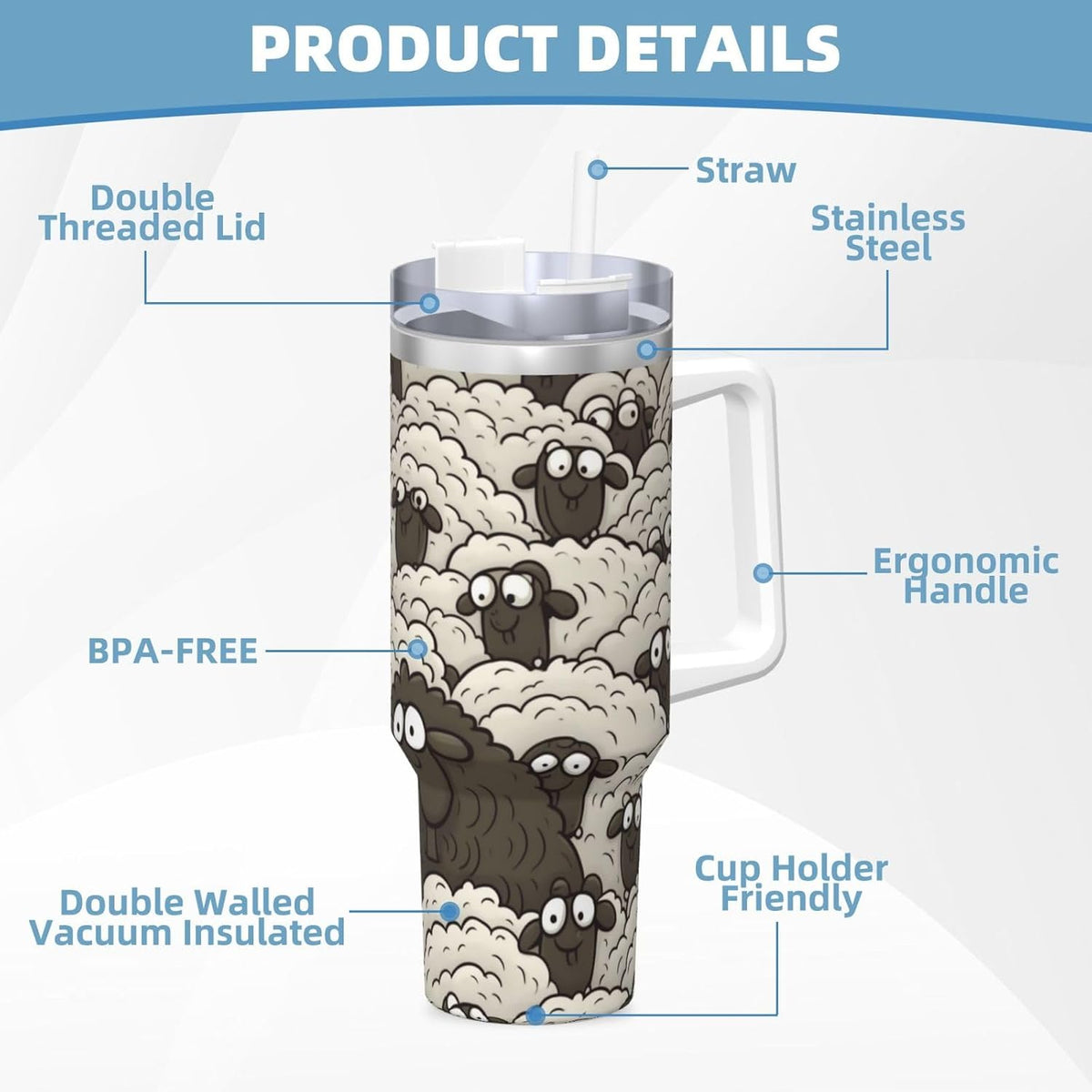 Cartoon Black White Sheep 40 Oz Tumbler With Handle And Straw Stainless Steel Insulated Travel Tumblers Leakproof Travel Coffee Mug Coffe Cup Drink Tumbler Cups Gifts For Women Men Lovers