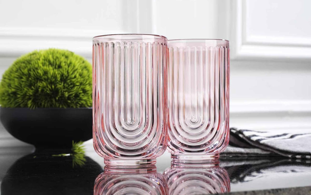 Glaver's Vintage Glassware Art Deco Glasses Ribbed Drinking Glasses U-Shape Arch Design Colored Cocktail Kitchen Tumblers Everyday Dinner Decorative Party Hand-Wash Only (Pink S/4 17oz)