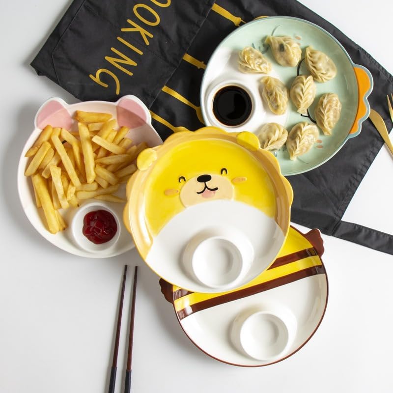 FACELESS Children's cartoon animal ceramic dining plate, Cartoon Divided Dinner Tray with Dip Section, Microwave Safe, 8 Inch，Set of 1(Corgi)