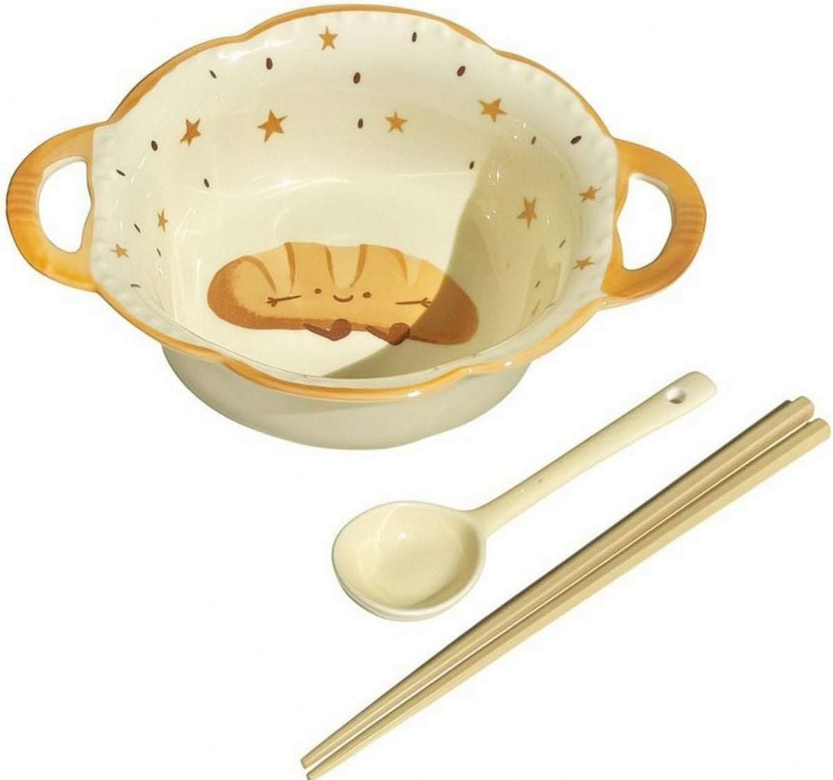 Glazed Ceramic Serving Bowl And Plate With Bakery Themed Smiling Bread Interior For Soup Side Dishes Suitable For Dining, style to 1