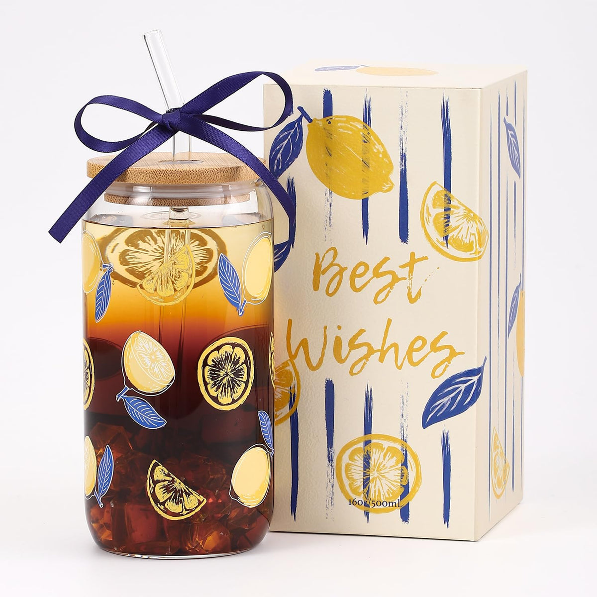 Lemon Glass Cups with Lid and Straw, Cute Lemon Gift for Women