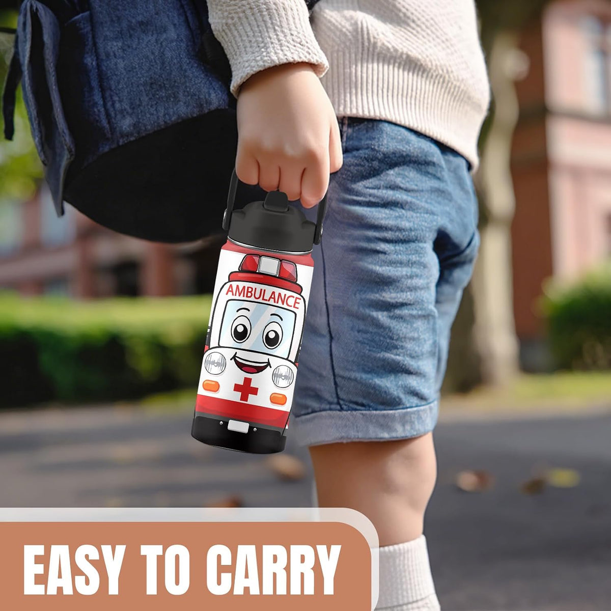 Cute Ambulance Car Water Bottle, 16 oz Water Bottles with Straw Lid