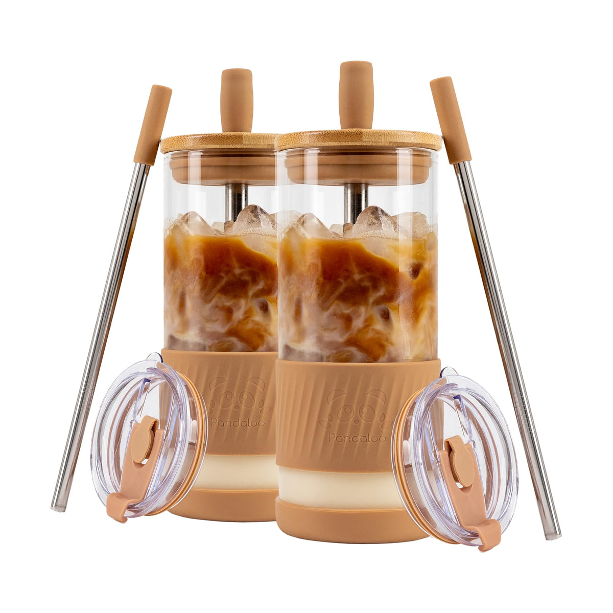 Pandaloo® Glass Cups With Lids and Straws -20 Fl Oz- Perfect Size Iced Coffee Cup - Smoothie Cup With Bamboo Lid and On the go Lid - Glass Tumbler With Straw (1 Count (Pack of 1), Tender Pink)