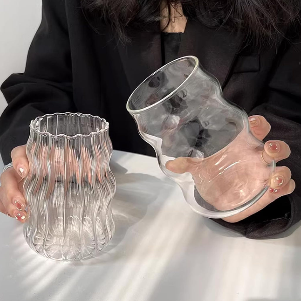 Vintage Ribbed Glassware Water Tumbler, 18 oz Aesthetic Ripple Glass Tumbler, Ripple Glassware Coffee Cup, Cute Glass Tumbler for Iced Coffee Juice Drink Milk (big stripes-Small Mouth)