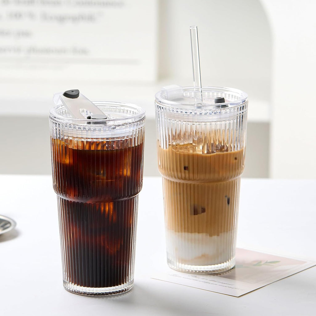 TUZAZO 4 Pack 20oz Ribbed Glass Tumblers with Lids and Straws