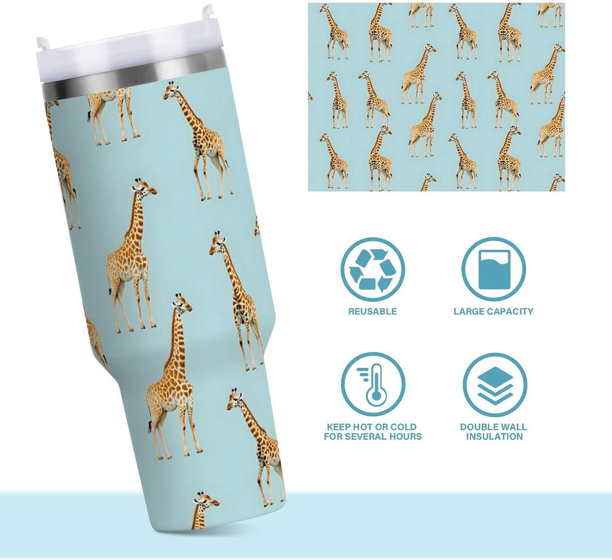 30oz Tumbler Cartoon Giraffes Insulated Coffee Cup Stainless Steel Travel Mug Car Water Bottle with Lid Straw Handle