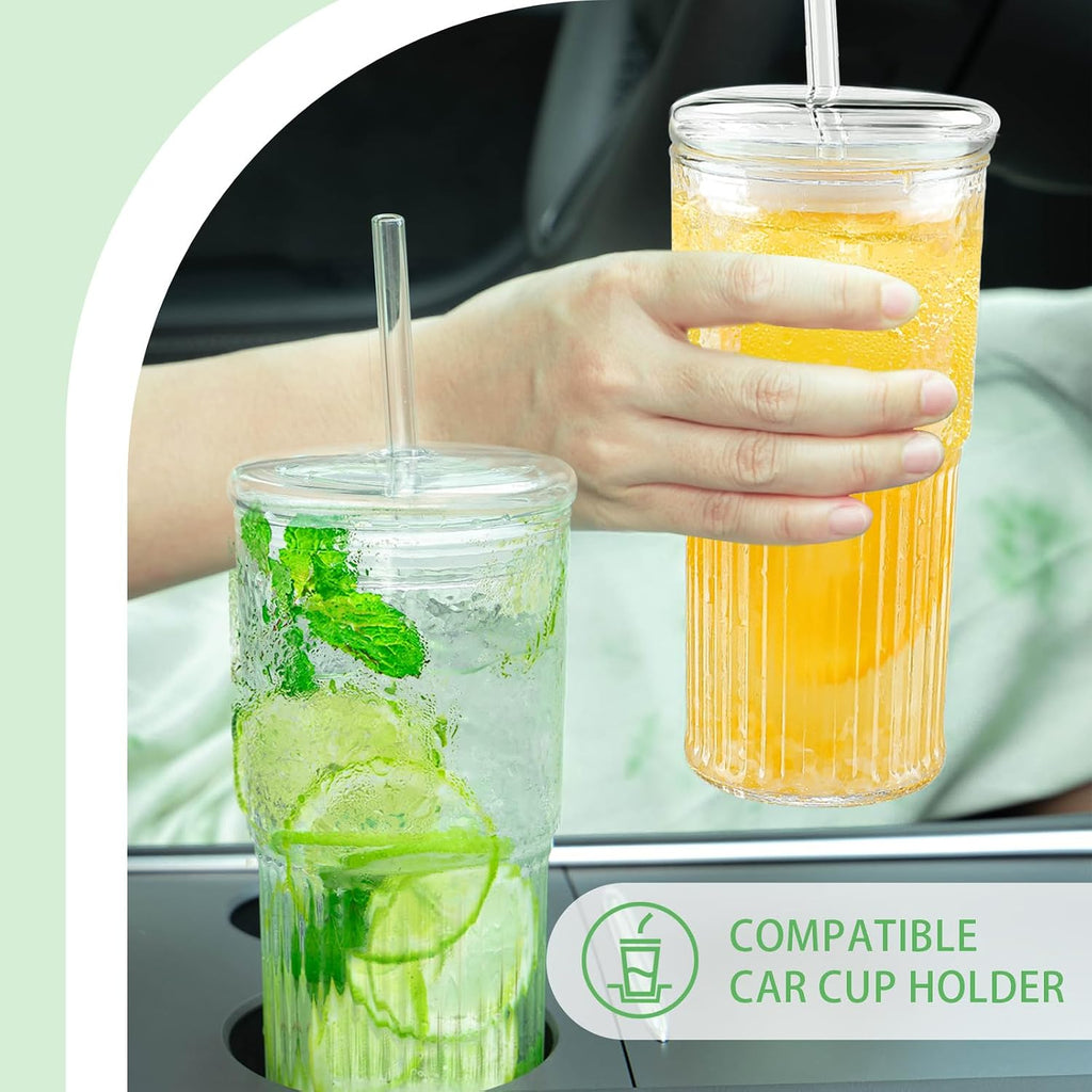 Luiaiog 20 oz Glass Cups with Lids and Straws, Ribbed, 2 Pack