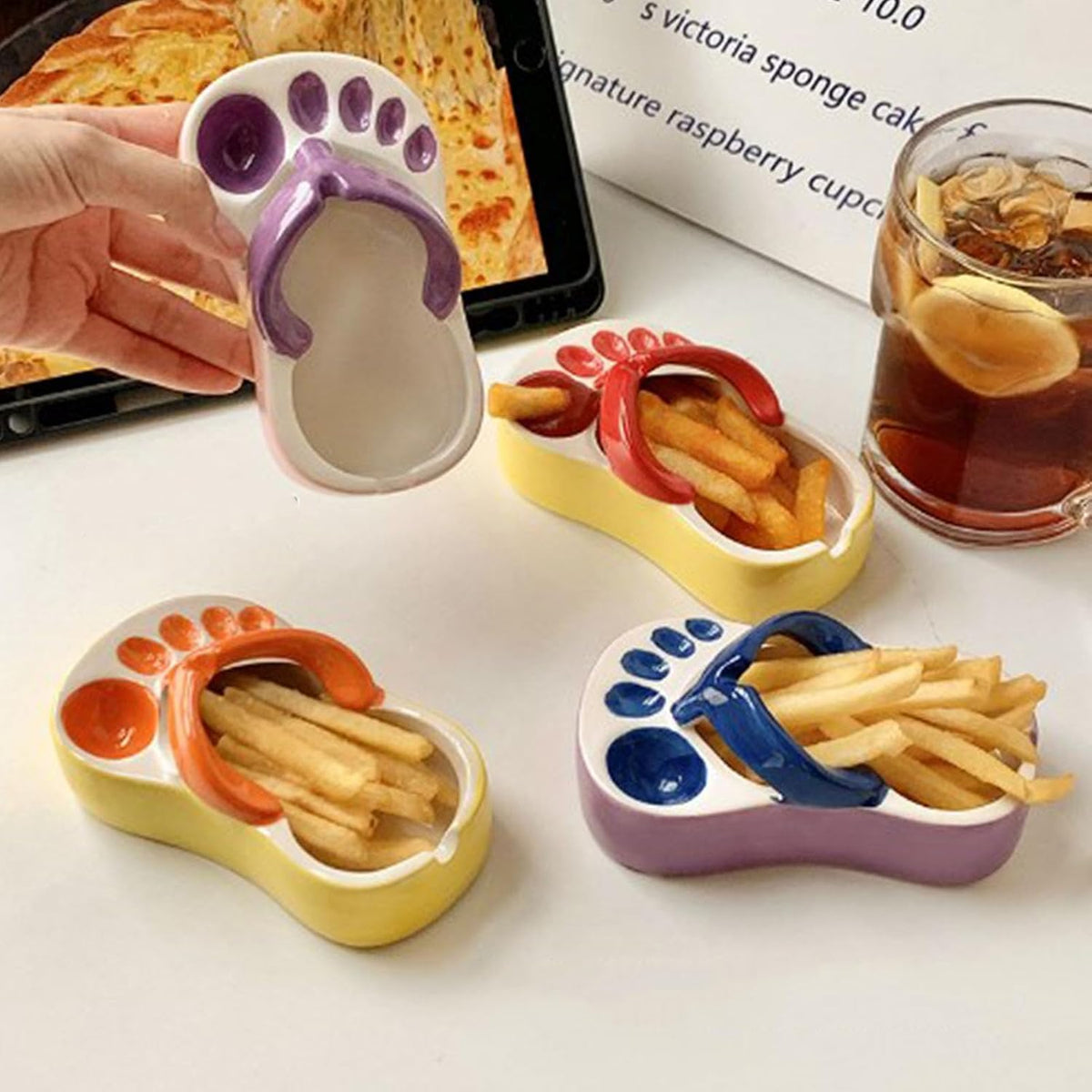 Cute Ceramic French Fries Plate, Unique Slipper Shape Fries Dish Snack Chip Plate Ketchup Sauce Bowl for Home Decoration Coffee Shops