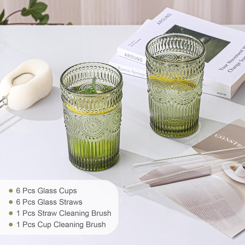 ZMOWIPDL Drinking Glasses Set of 6,13oz Flower Design Green Glass Cups