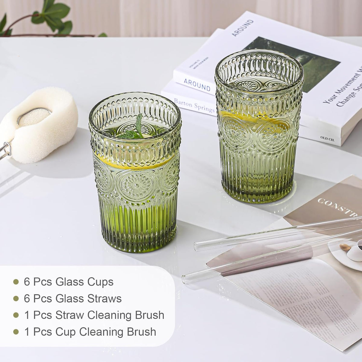 ZMOWIPDL Drinking Glasses Set of 6,13oz Flower Design Green Glass Cups