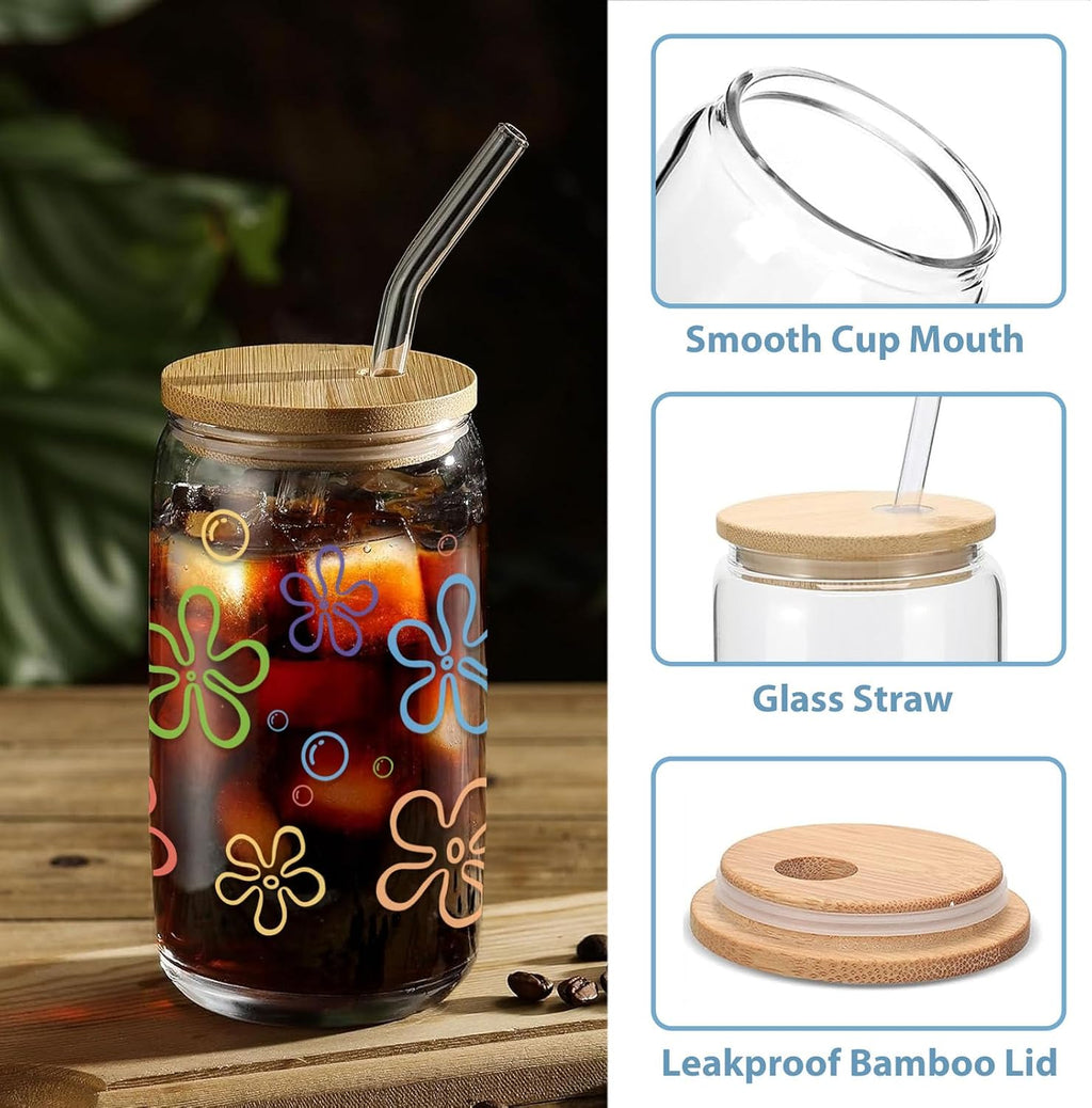 Mikopei Cute Glass Cups with Lids and Straws, Beach Gifts for Women Men