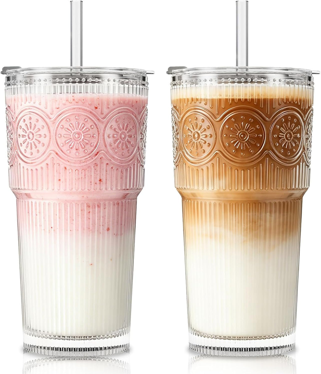 SoulTimes 20oz Ribbed & Floral Glass Tumbler with Lid and Straw – Iced Coffee Glasses Cups for Smoothie, Matcha, Juice, Water etc. Leakproof and Reusable Glassware Drinking for Travel To Go [2Pcs]