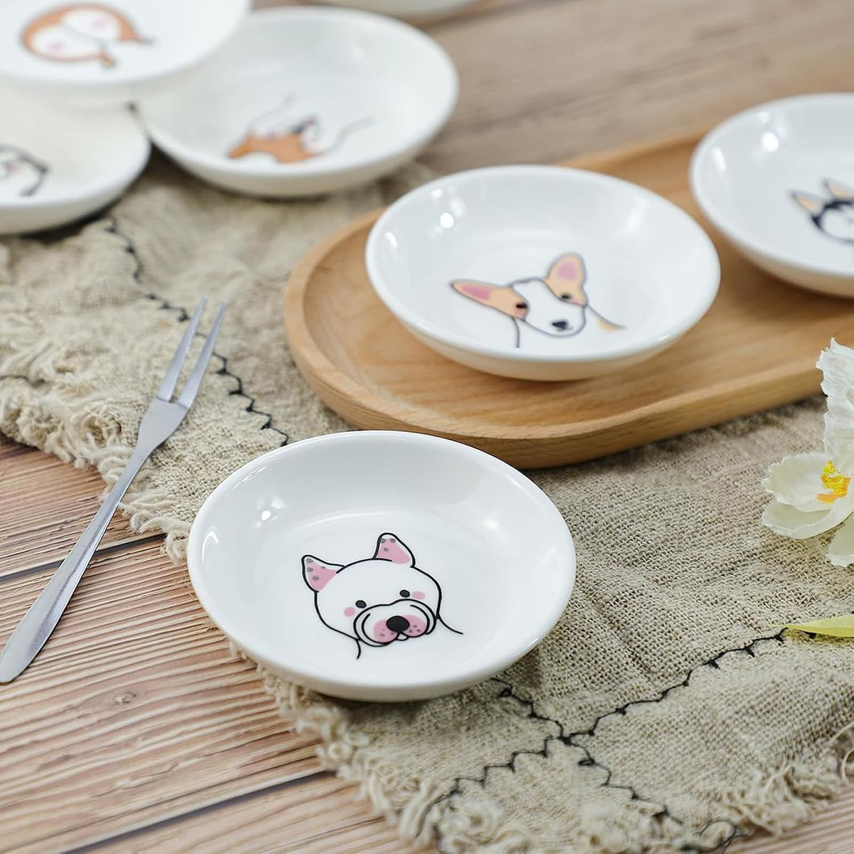 SOCOSY Super Cute Cartoon Animal Pattern Ceramic Sauce Dish/Seasoning Dish/Sushi Soy Dipping Bowl/Appetizer Plates/Serving Dish for Kitchen Home(Set of 6)-Dog Heads
