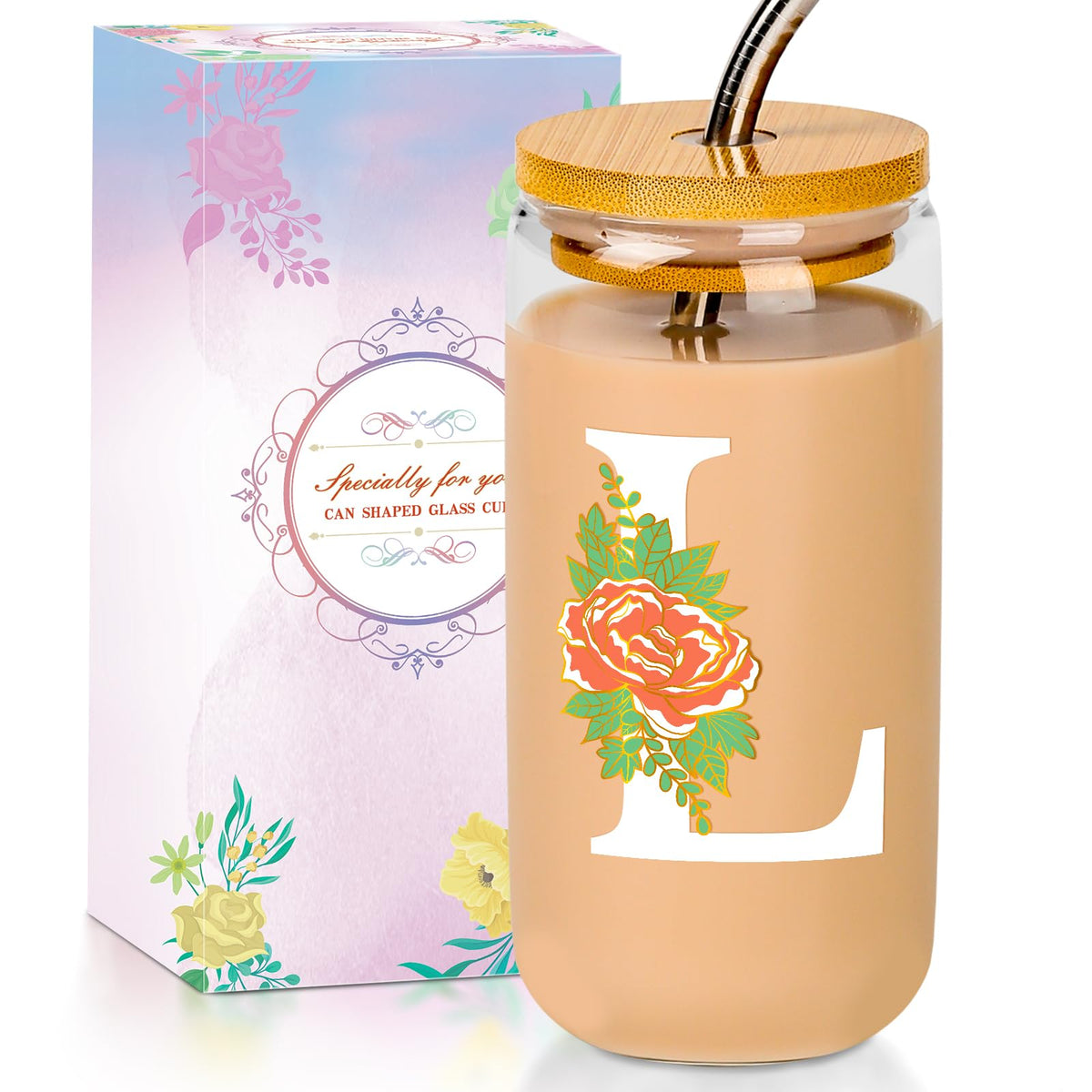 16 Oz Initial Glass Cup with Lid and Straw Personalized Color-Changing