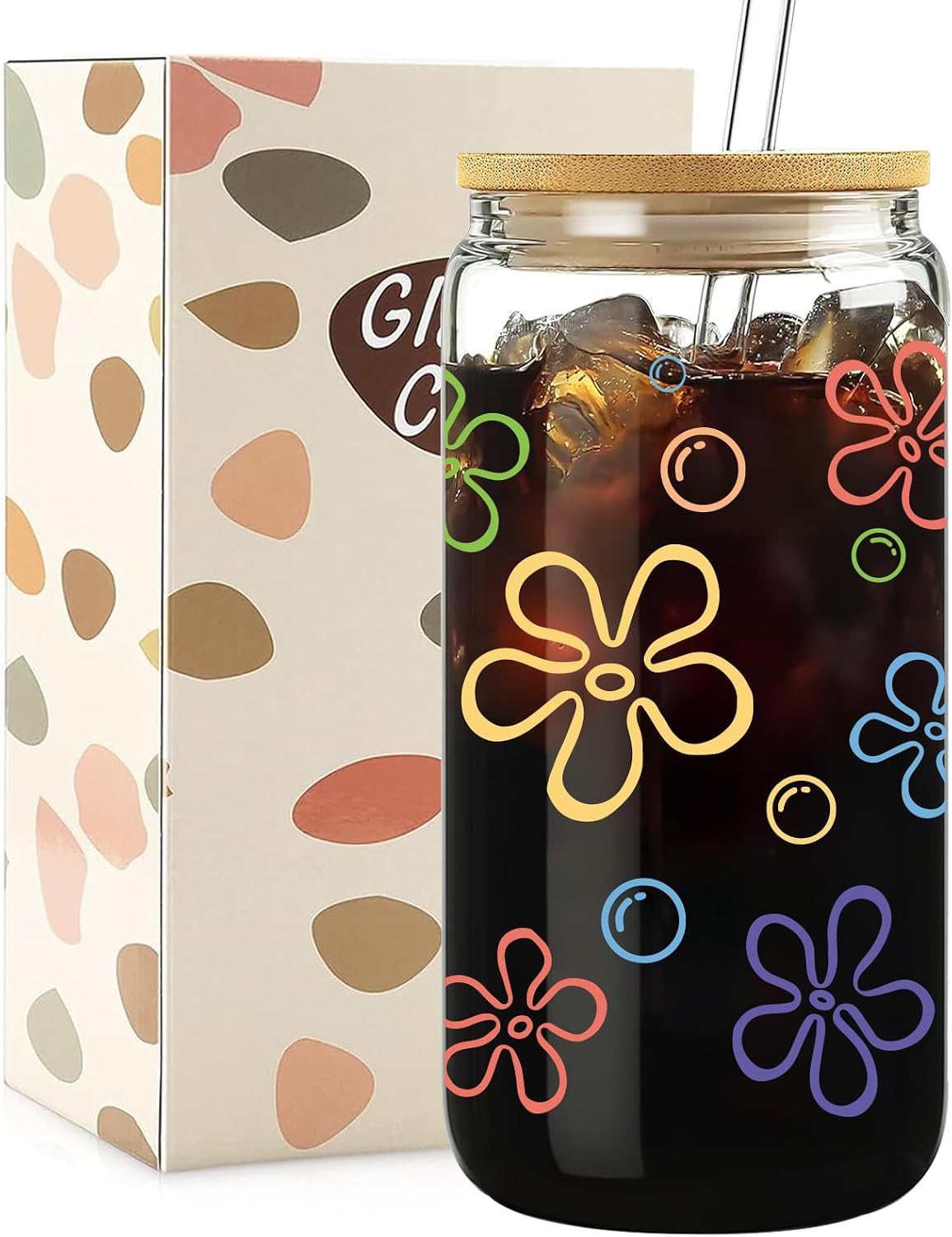 Mikopei Cute Glass Cups with Lids and Straws, Beach Gifts for Women Men