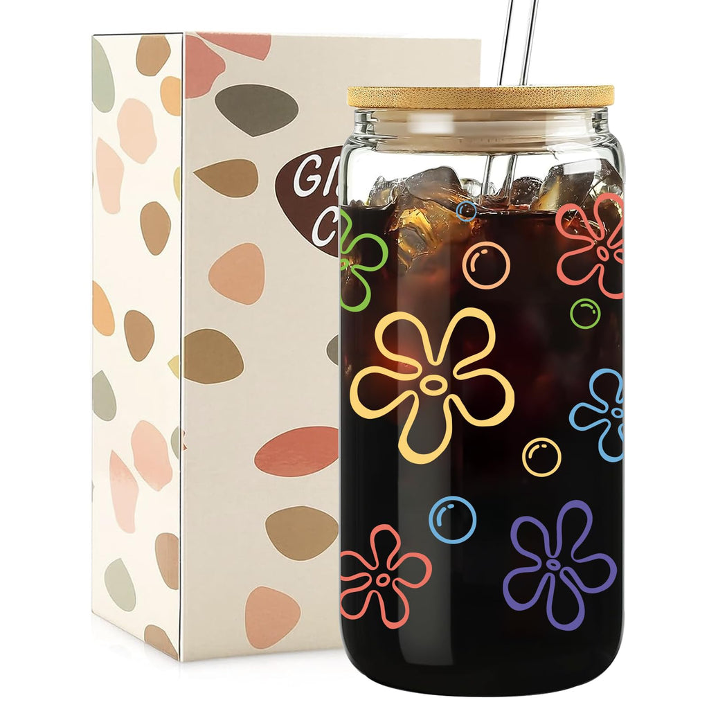 Mikopei Cute Glass Cups with Lids and Straws, Beach Gifts for Women Men