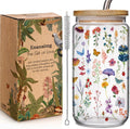 Aesthetic Floral 16oz Glass Cups with Bamboo Lids and Straws Wildflower Gift for Women, Cute Flower Drinking Glass with Cleaning Brushes, Christmas Flower Gifts for Mother Birthday Bridesmaid Party