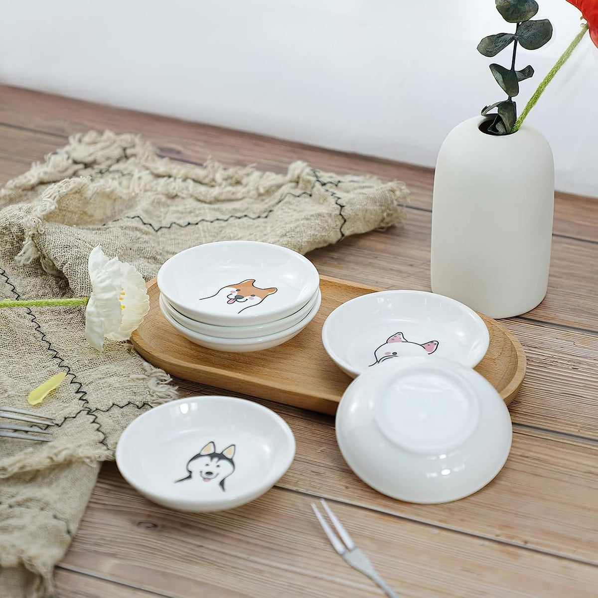 SOCOSY Super Cute Cartoon Animal Pattern Ceramic Sauce Dish/Seasoning Dish/Sushi Soy Dipping Bowl/Appetizer Plates/Serving Dish for Kitchen Home(Set of 6)-Dog Heads