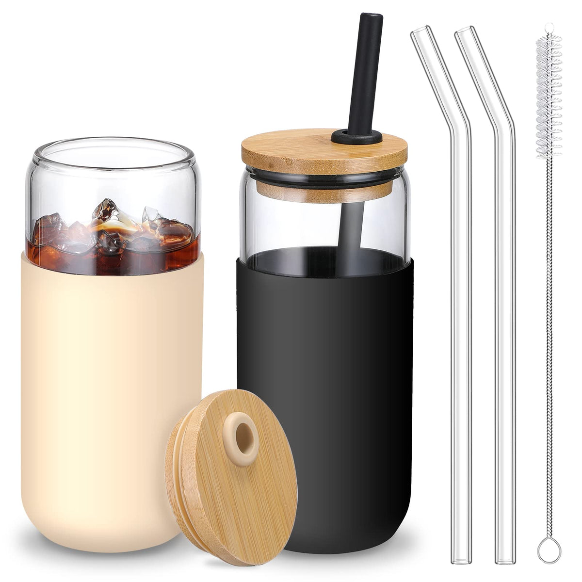 20oz Glass Water Tumbler with Silicone Protective Sleeve - Beer Shaped Glass Cups with Straw and Bamboo Lid, Iced Coffee Glasses, Cute Drinking Glasses for, Water Smoothie, Boba Tea, Gift - Pink