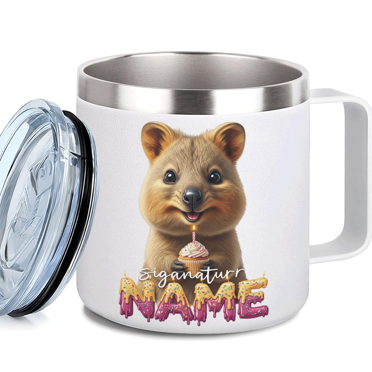 Leo Personalized Kids Mug with Lid, 10 oz Stainless Steel Insulated Camp Cup, Cartoon Lion Tropical Tiki Theme