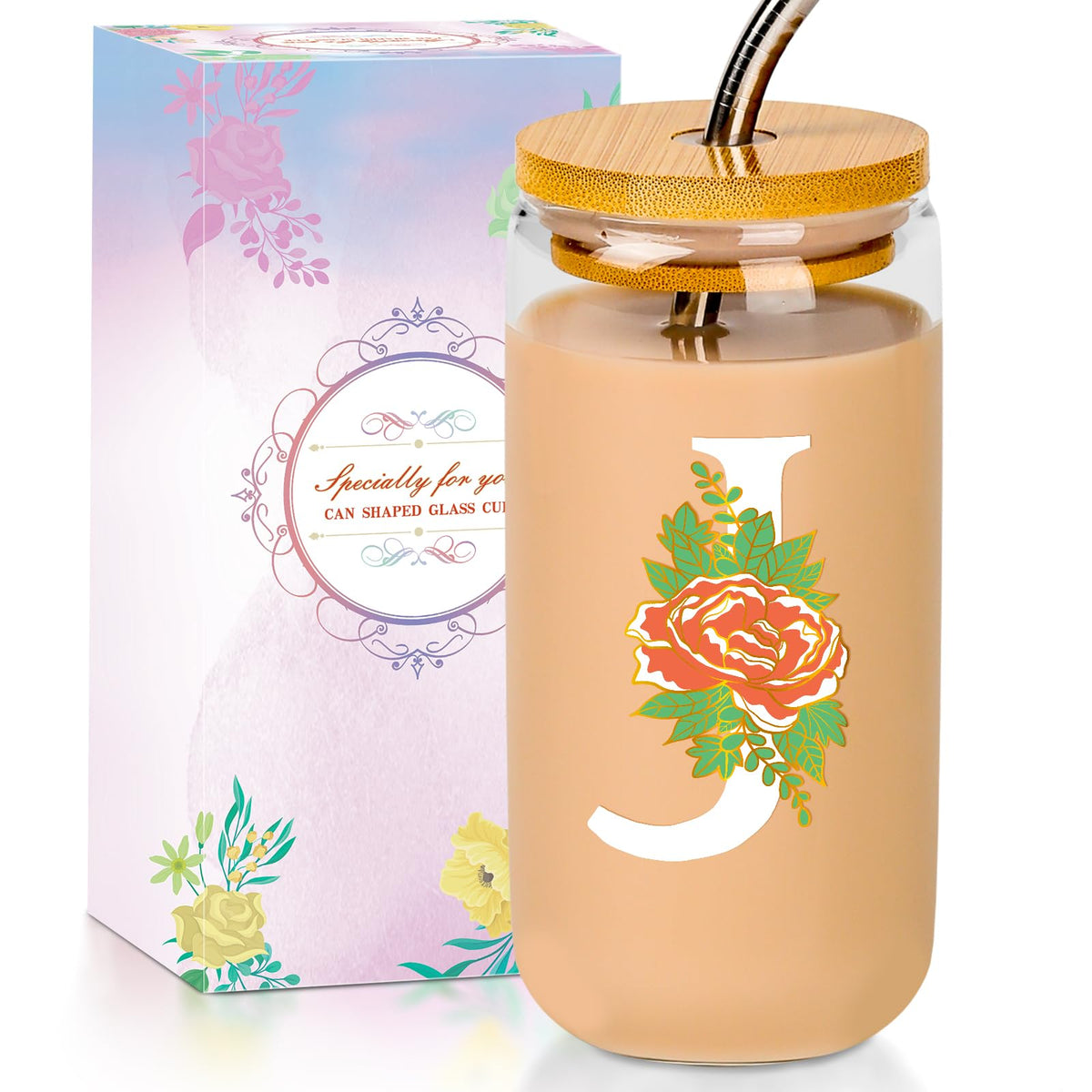 16 Oz Initial Glass Cup with Lid and Straw Personalized Color-Changing