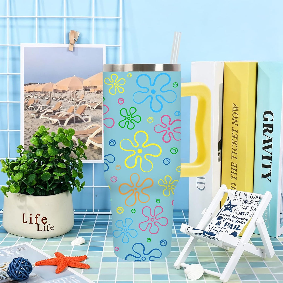 JarThenaAMCS Cartoon Sponge Tumbler with Handle 40oz Flower and Bubbles Tumbler with Lid Straw Blue Yellow Funny Sea Ocean Stainless Steel Cup for Home Office Travel