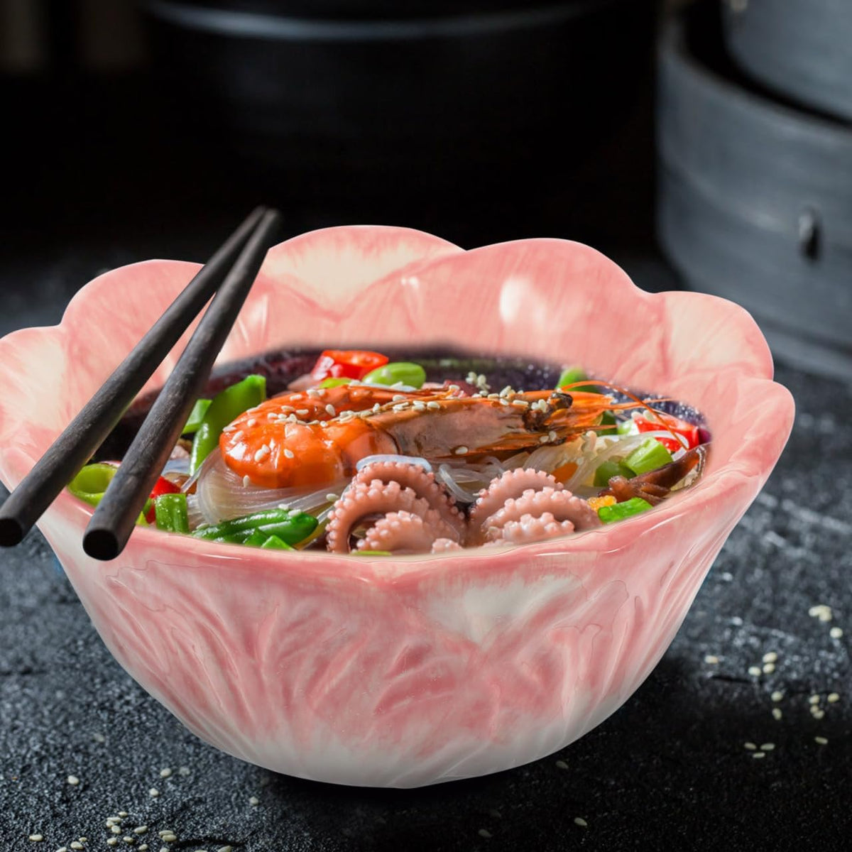 DECHOUS Cabbage Serving Bowl: Pink Ceramic Lettuce Salad Mixing Bowl for Serving Salad, Pasta, Candy, Fruit - Ideal for Restaurant, Home, Parties, Entertaining - 5.9 Inch
