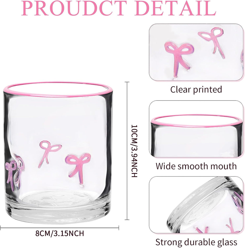 2 Pcs Pink Bow Icon Juice Glass Coquette Bow Aesthetic Anthropologie Cup 14 Oz Double Old Fashioned Icon Hand Blown Glass with Heavy Base for Cute Cocktail Glasses Women Friend Party