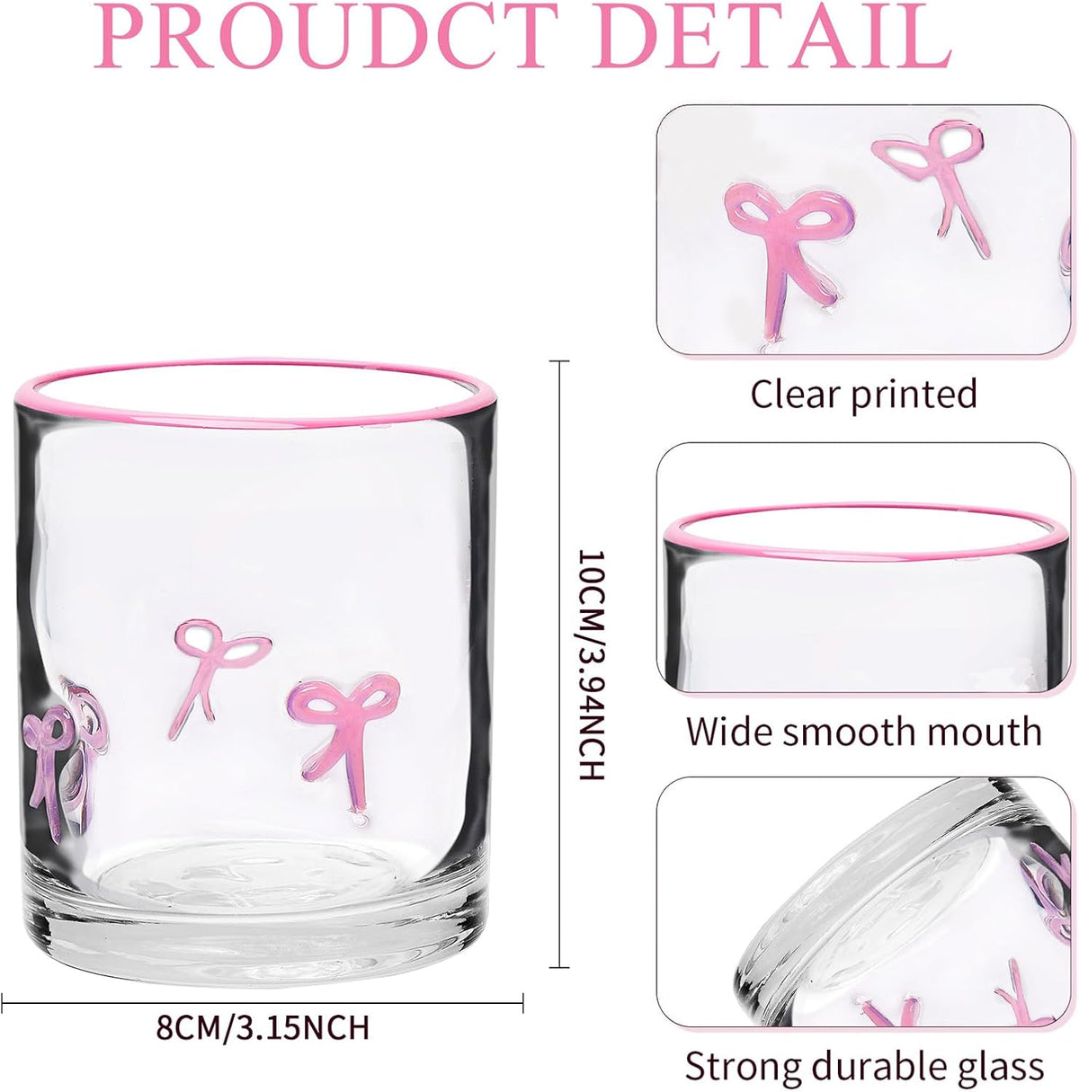 2 Pcs Pink Bow Icon Juice Glass Coquette Bow Aesthetic Anthropologie Cup 14 Oz Double Old Fashioned Icon Hand Blown Glass with Heavy Base for Cute Cocktail Glasses Women Friend Party