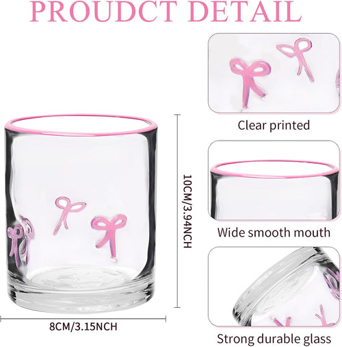 2 Pcs Pink Bow Icon Juice Glass Coquette Bow Aesthetic Anthropologie Cup 14 Oz Double Old Fashioned Icon Hand Blown Glass with Heavy Base for Cute Cocktail Glasses Women Friend Party