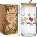Cute Silly White Goose Glass Cup Christmas Gift for Women Friend Goose Lover, Animal Ice Coffee Glass Cup Soda Boba Cocktail Birthday Gifts for Boyfriend Girlfriend Husband Wife with Lid Straw 16oz