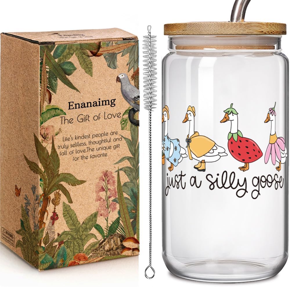 Cute Silly White Goose Glass Cup Christmas Gift for Women Friend Goose Lover, Animal Ice Coffee Glass Cup Soda Boba Cocktail Birthday Gifts for Boyfriend Girlfriend Husband Wife with Lid Straw 16oz