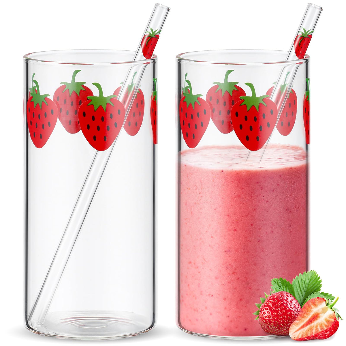 Tessco for you 2 Set Strawberry Glass Cup with Straw Clear Drinking Tumbler