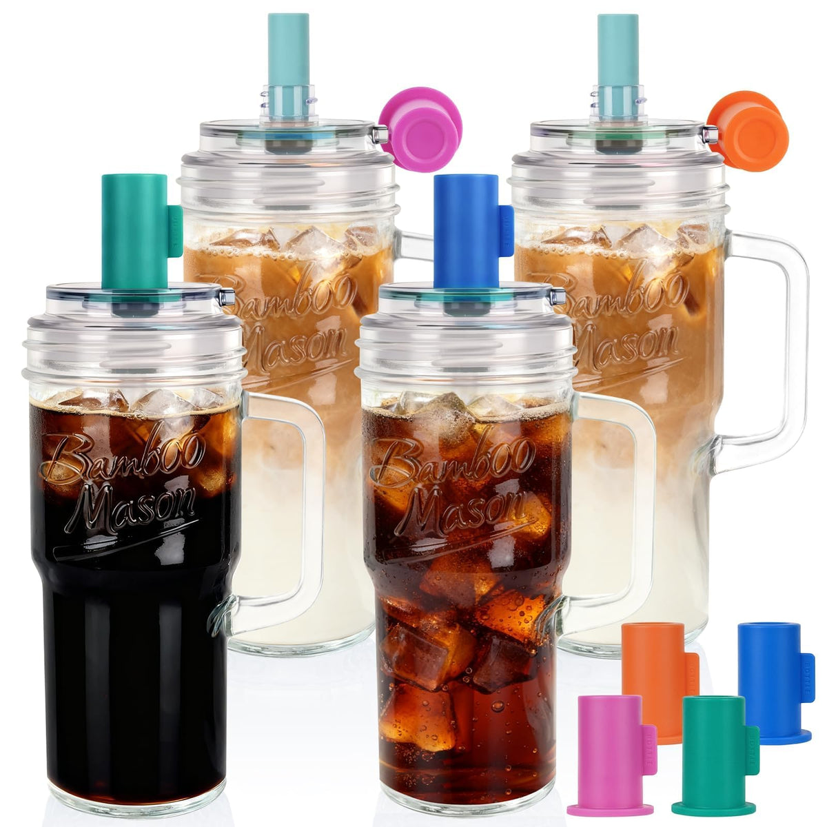 ANOTION Glass Cups with Lids and Straws - 24oz Tumbler with Handle Coffee Cups Glass Straws Glasses Mason Jar Cups Drinking Set Kitchen Essentials Coffee Bar Accessories House Warming Gifts New Home