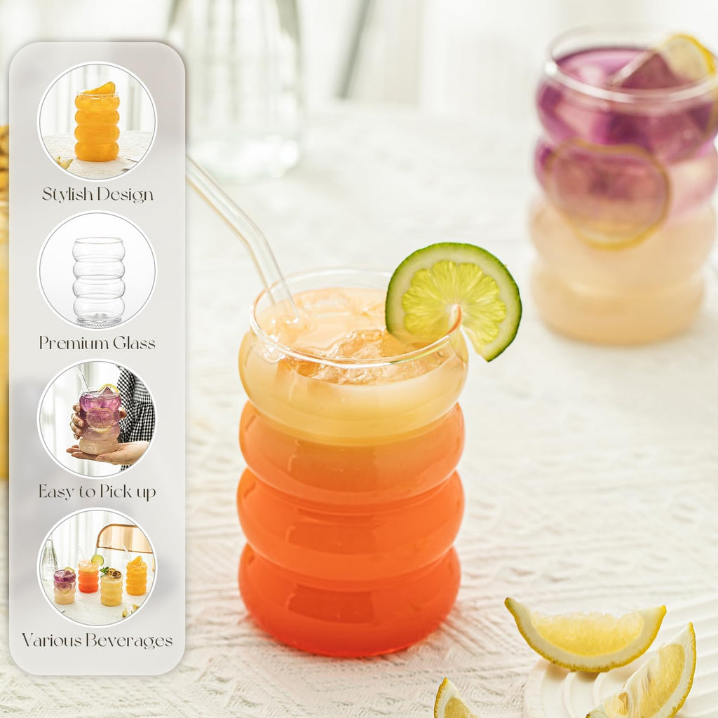 KEMORELA 2PCS Wave Bubble Beverage Glasses With Straws, 18 Oz Vintage Glass Cups, Aesthetic Iced Coffee Glasses, Ripple Glassware, Beer Glasses - Stylish Drinkware for Every Occasion