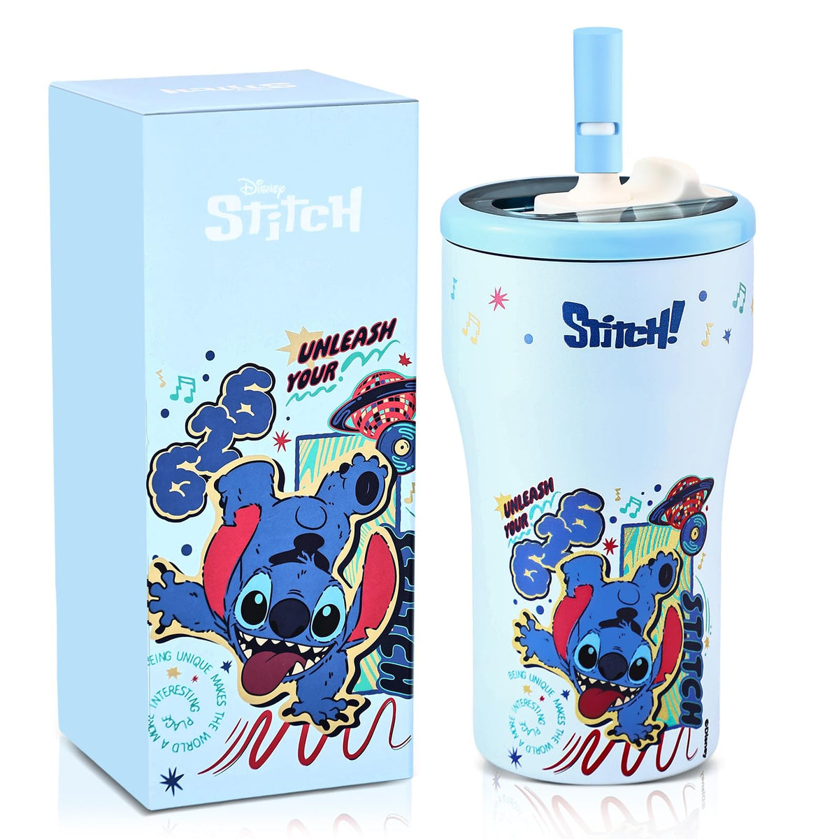 MINISO Disney Stitch Water Bottle, 20oz Lilo&Stitch Insulated Stainless Steel Bottle, Cartoon Vacuum Insulated Tumbler, Leak Proof Flip Top Stitch Cup for Sport Travel Office (Blue)
