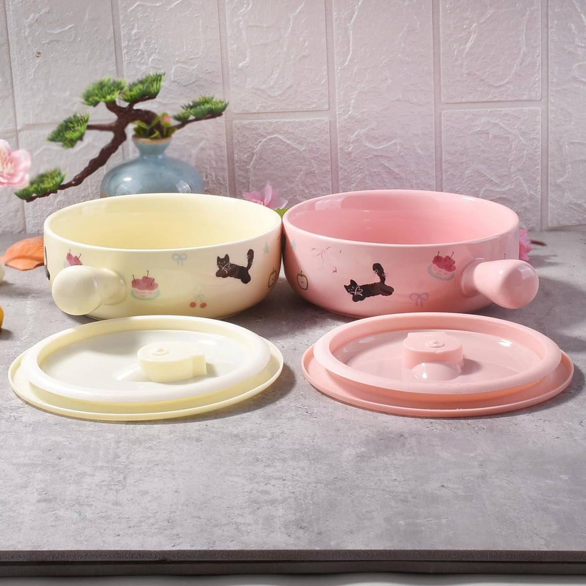 Ceramic Soup Bowl with Lid and Handles Set of 2, 6.1'' Cute Ramen Bowls