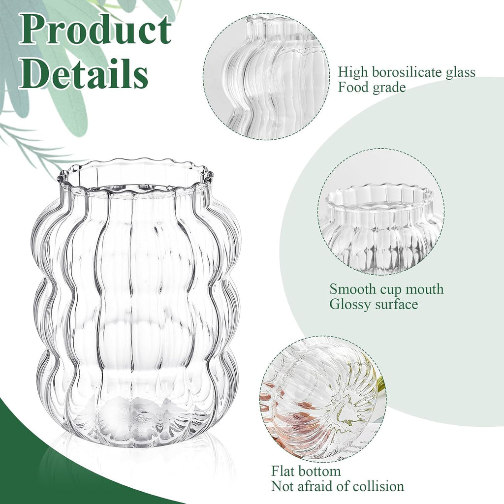 4 Pcs Creative Glass Cups,Wave Shape Cute Drinking Glasses with 4 Glass Straw (Straight & Elbow) Aesthetic Cups Vintage Ribbed Glassware for Beverage Coffee Milk Cocktail Juice-3Cleaning Brush