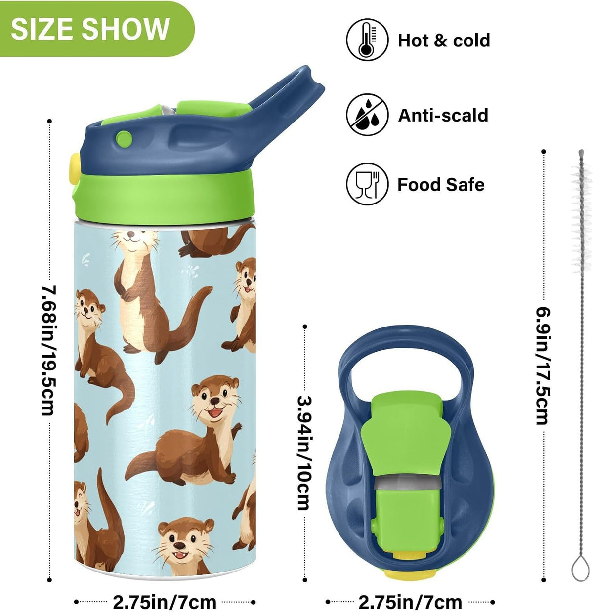 Pigsaly Kids Insulated Water Bottle Cute Cartoon Otter Blue 12oz Stainless Steel Vacuum Insulated Tumbler With Handle Double Wall Vacuum Travel Coffee Mug Toddler Cup For Boys Girls
