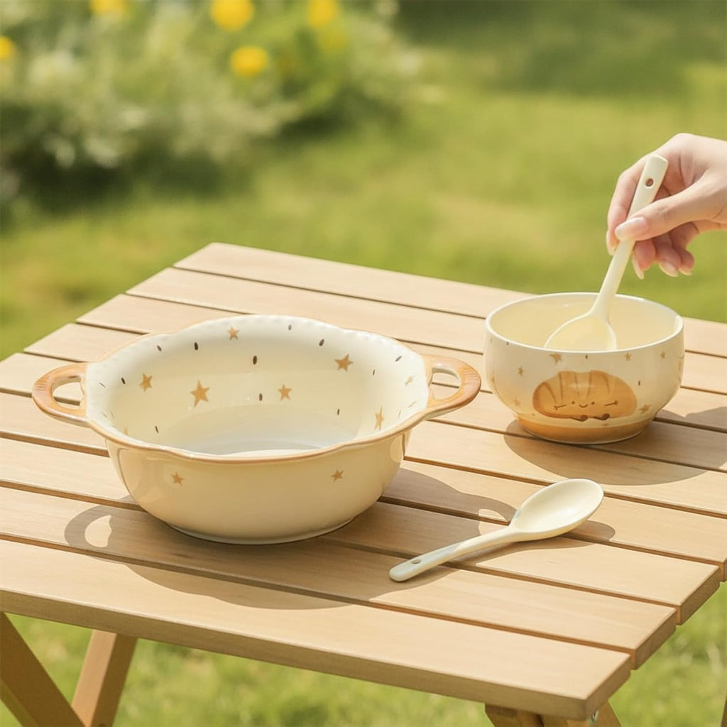 Glazed Ceramic Serving Bowl And Plate With Bakery Themed Smiling Bread Interior For Soup Side Dishes Suitable For Dining, style to 1