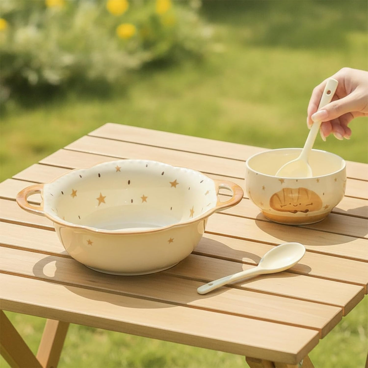 Glazed Ceramic Serving Bowl And Plate With Bakery Themed Smiling Bread Interior For Soup Side Dishes Suitable For Dining, style to 1