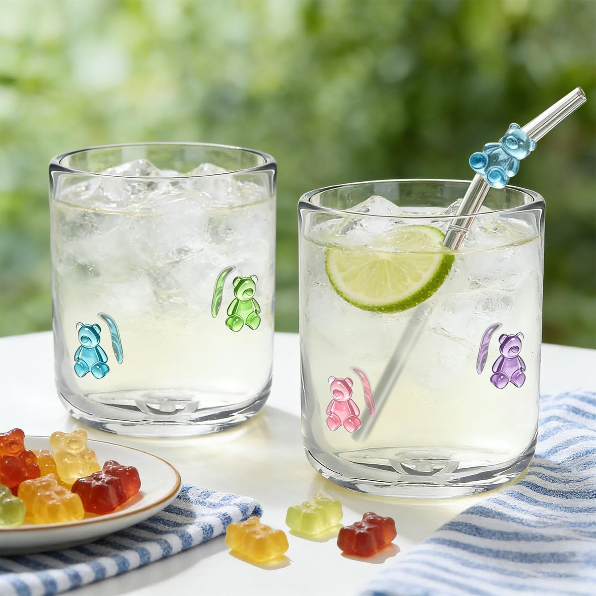Whaline 2Pcs Candy Bear Icon Juice Glass with Straw 14 Oz Wine Glass Colorful Cute Bear Stemless Cocktail Drinking Cups for Birthday Baby Shower Party Favors Supplies