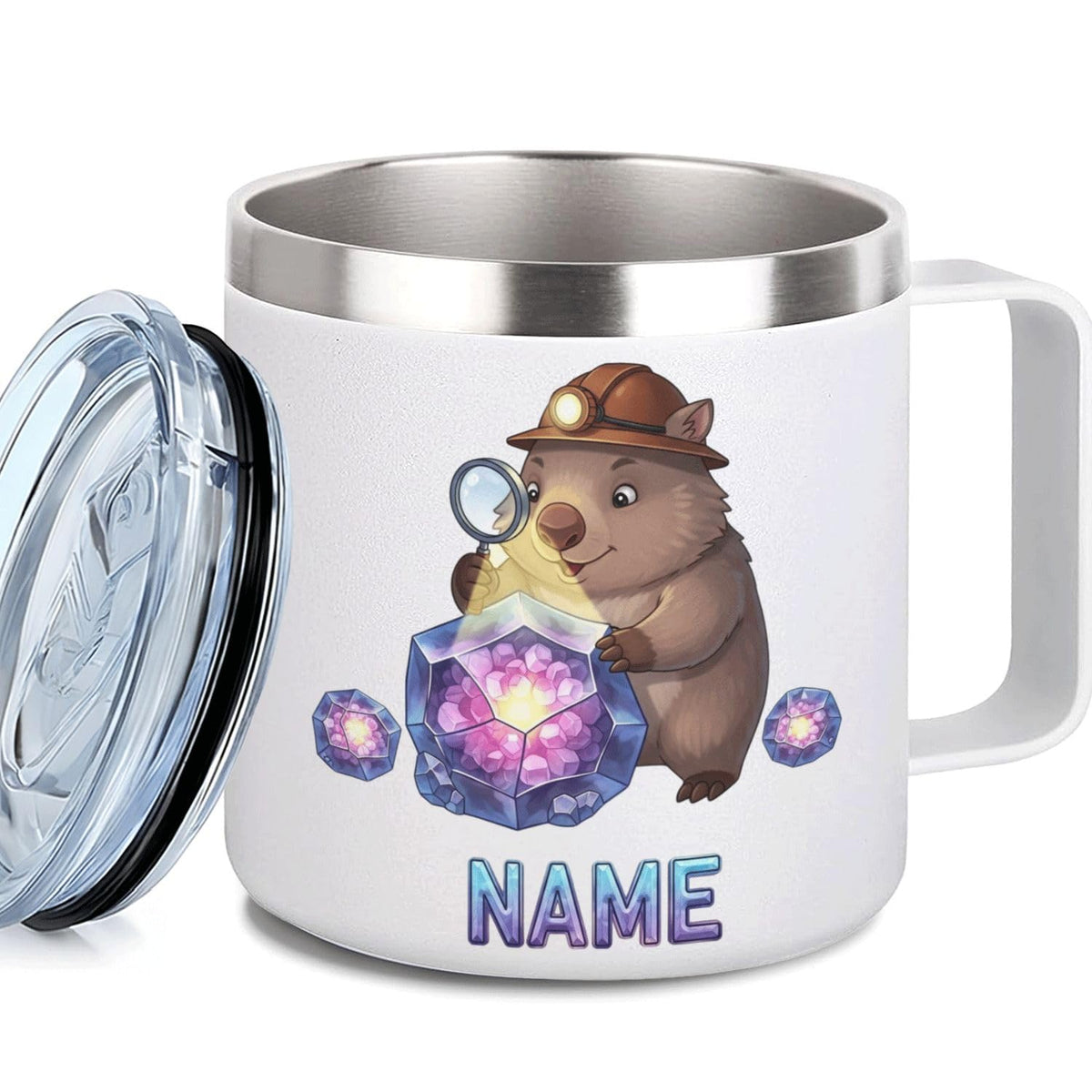 Leo Personalized Kids Mug with Lid, 10 oz Stainless Steel Insulated Camp Cup, Cartoon Lion Tropical Tiki Theme