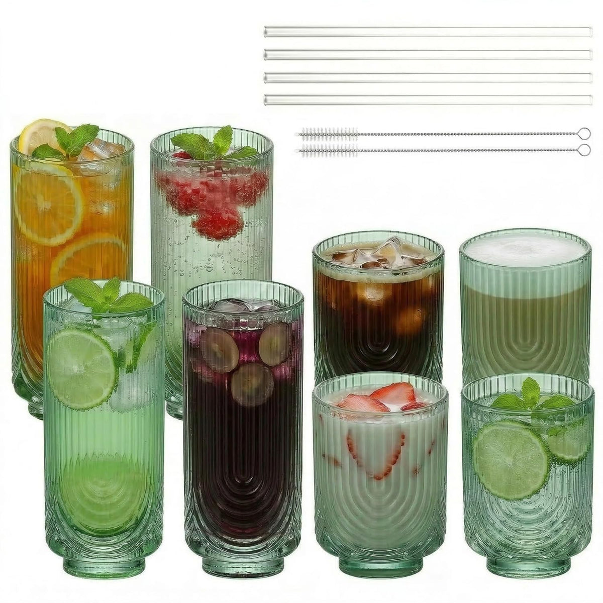 Ribbed Glass Cups with Straws, Pink Glass Drinking Cups, Drinking Glasses Set of 8, 13oz Highball & 10oz Water Glasses, Vintage Kitchen Glassware Set for Juice, Whiskey, Coffee, Cocktail