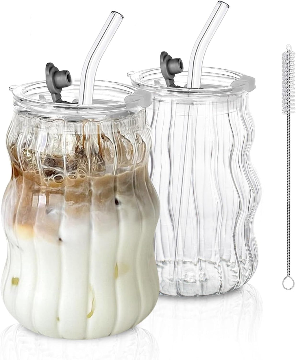 KEMORELA Ribbed Glass Cups with Lids and Straws，18oz Cute Iced Coffee Cups