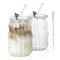 KEMORELA Ribbed Glass Cups with Lids and Straws，18oz Cute Iced Coffee Cups