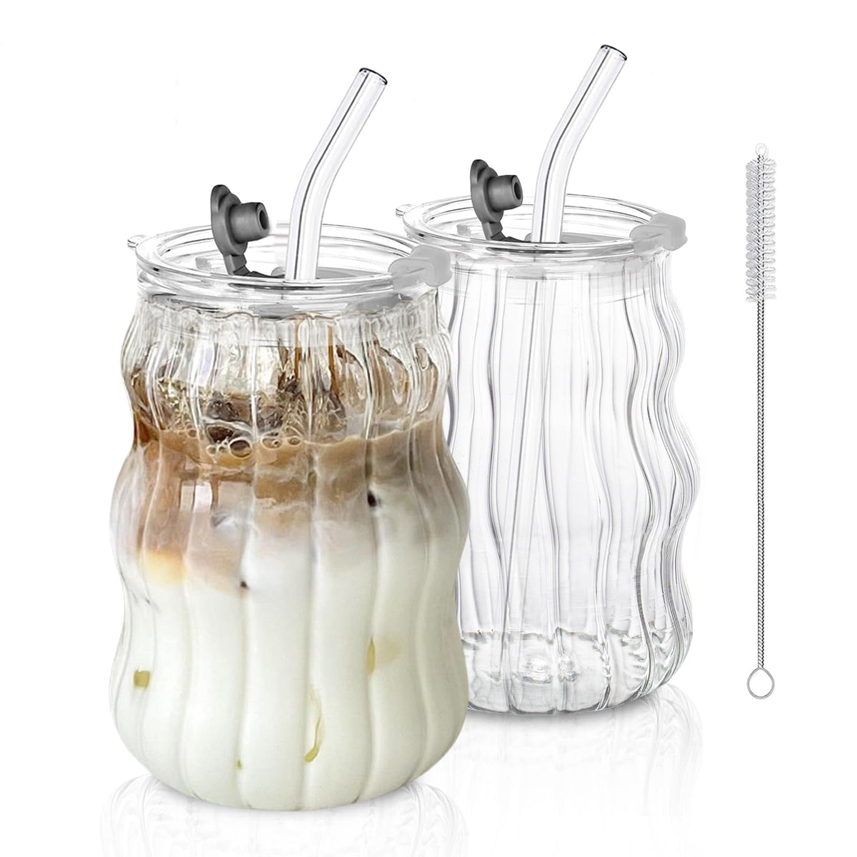 KEMORELA Ribbed Glass Cups with Lids and Straws，18oz Cute Iced Coffee Cups