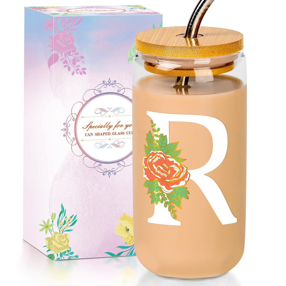 16 Oz Initial Glass Cup with Lid and Straw Personalized Color-Changing